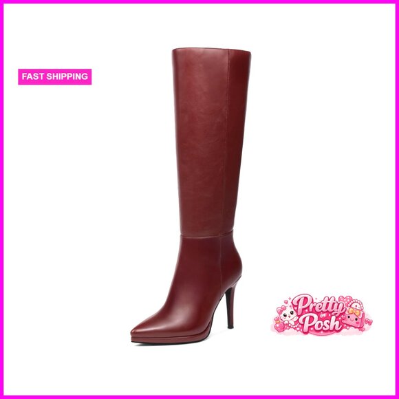 Knee High Stiletto Heel Boots Pointed Toe Platform Side Zipper